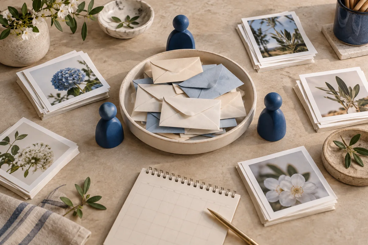 Three blue figures around a shared bowl of envelopes, with photo stacks and a calendar.