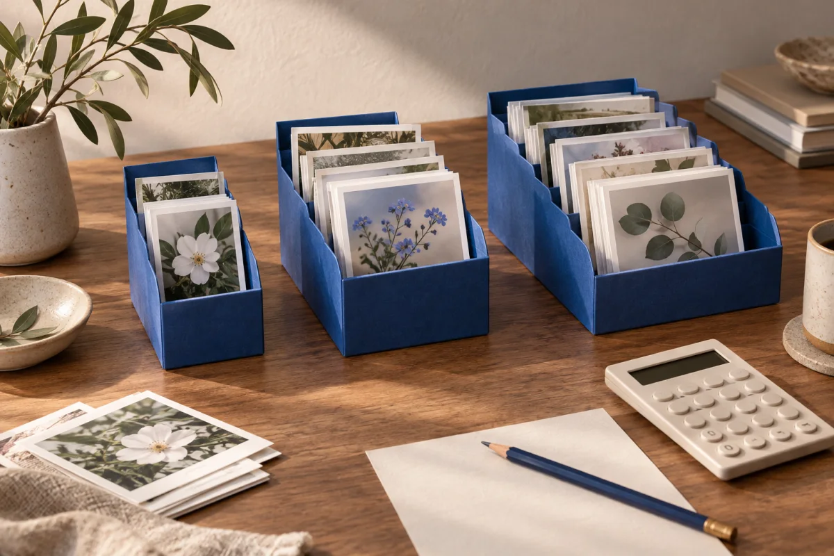 Drei unterschiedlich große blaue Fotoboxen neben einem Taschenrechner und einem leeren Notizbuch.