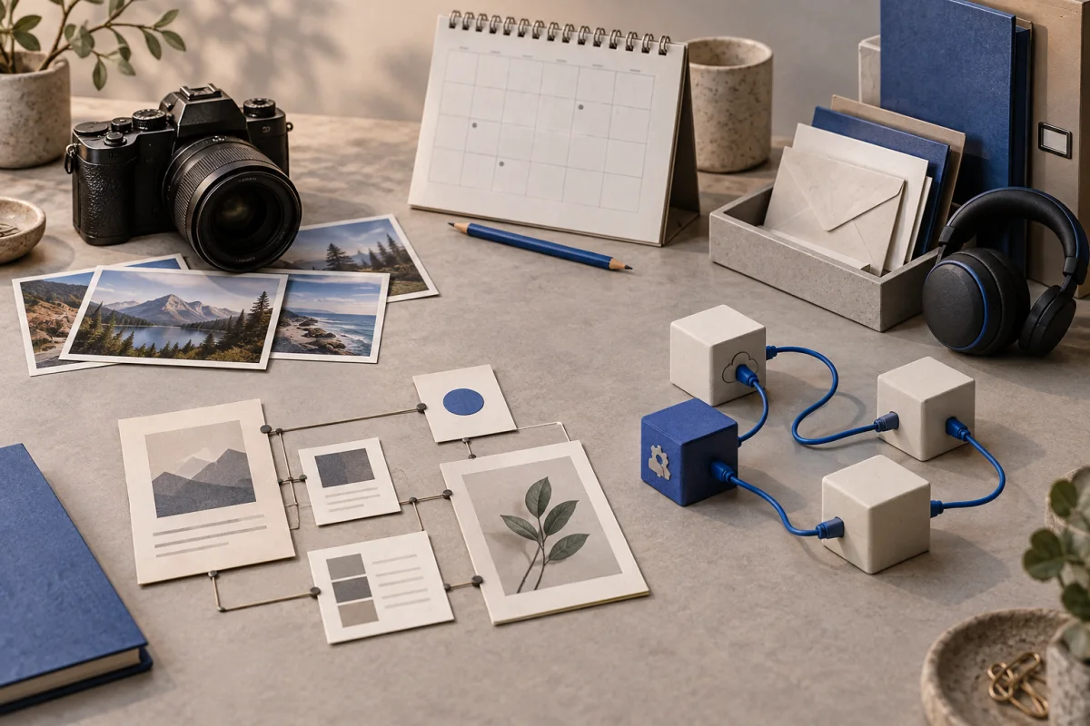 A camera and photos, calendar, envelopes and headphones, linked cards and connected blocks.