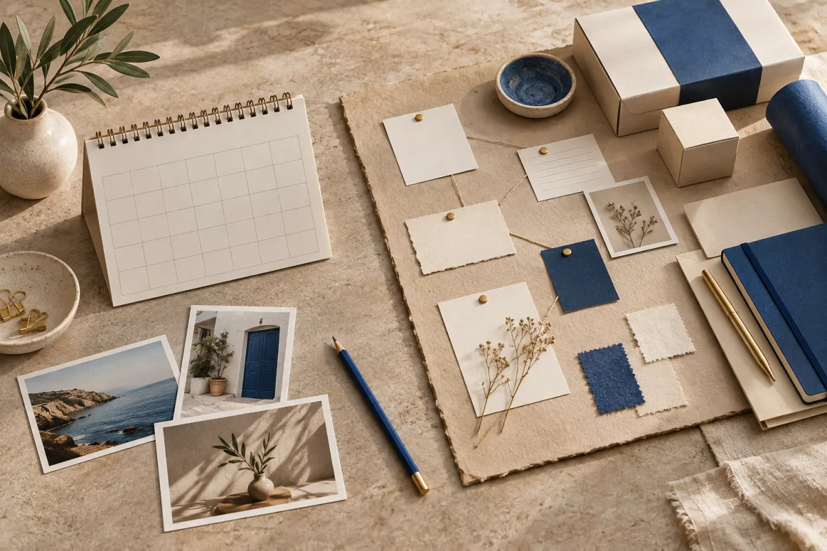 A desk calendar and photo prints beside linked planning cards, fabric swatches and packages.