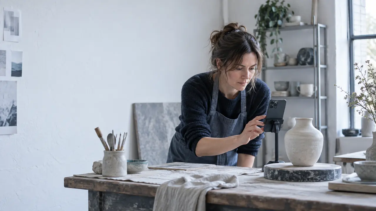 A ceramic artist preparing a handmade vase for a photograph.