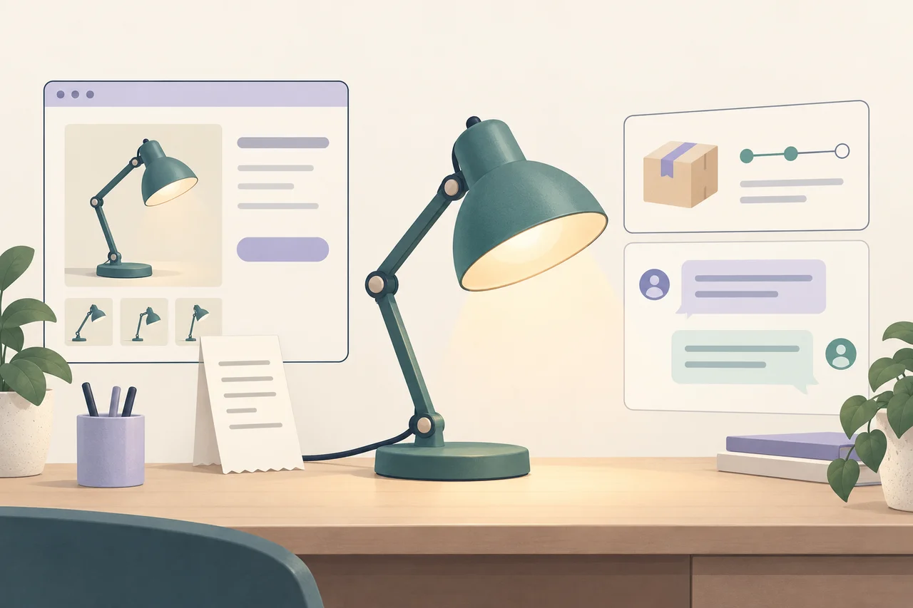An illustration of a desk lamp connects a product page and price receipt on one side with an order message and customer-help conversation on the other.