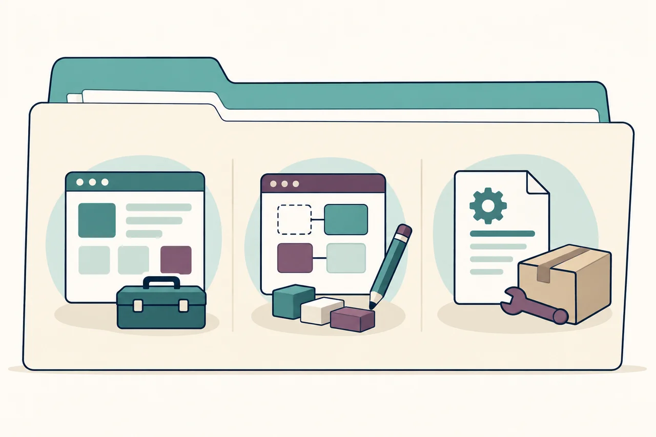 An open folder holds three separate arrangements: an application with a toolbox, editable modules with a pencil, and a supplier document with a parcel and wrench.