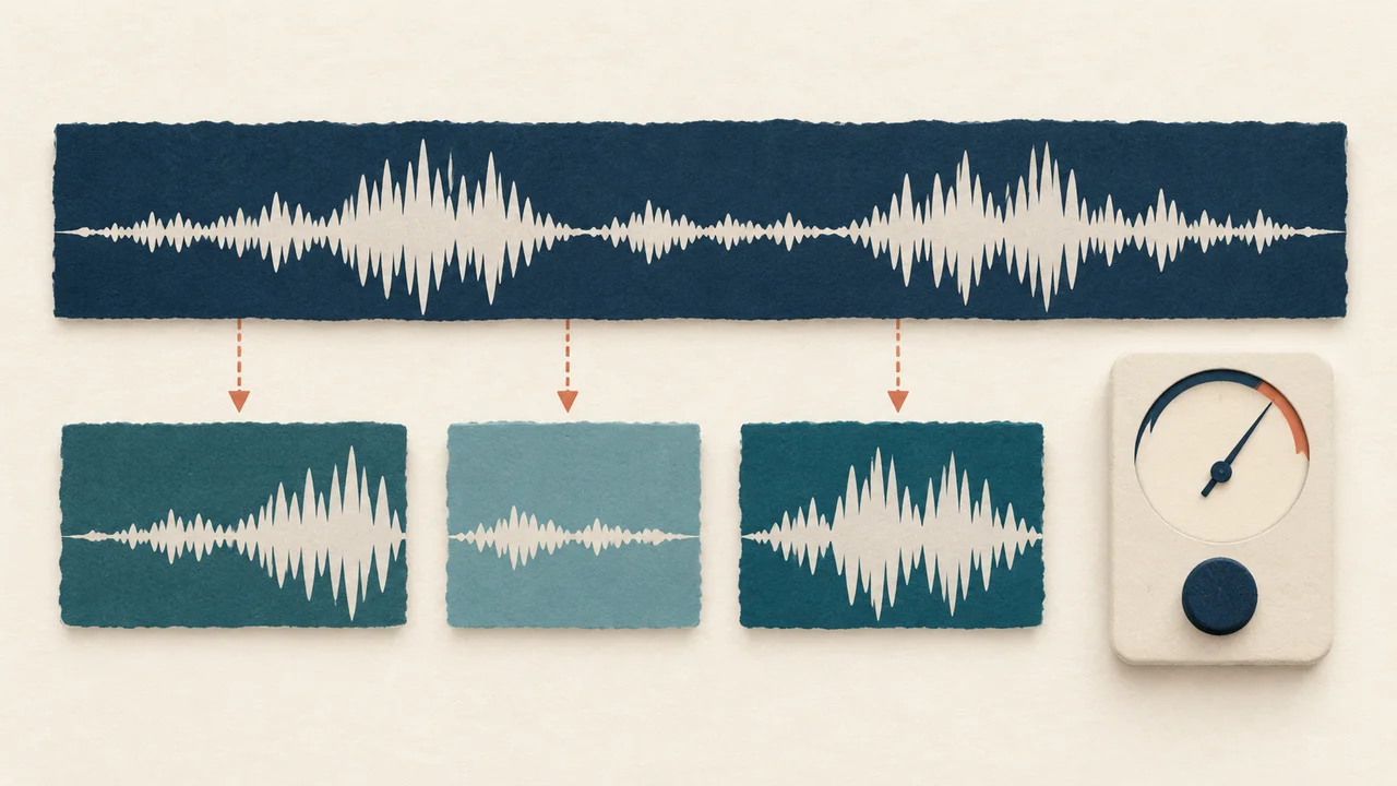 A long audio waveform leads to 3 shorter clip tiles beside an unmarked gauge.