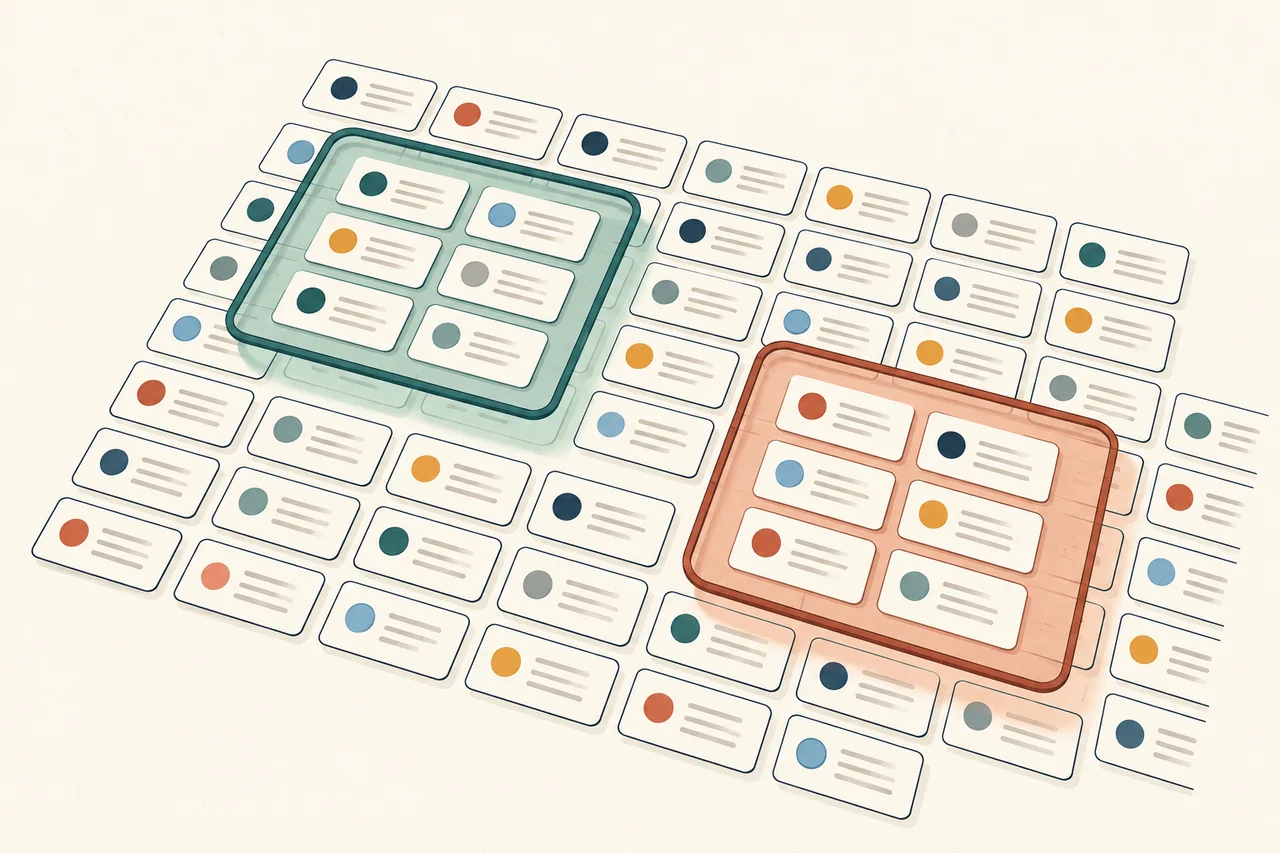 Two translucent teal and rust frames highlight different groups within a large array of illustrated comment cards.