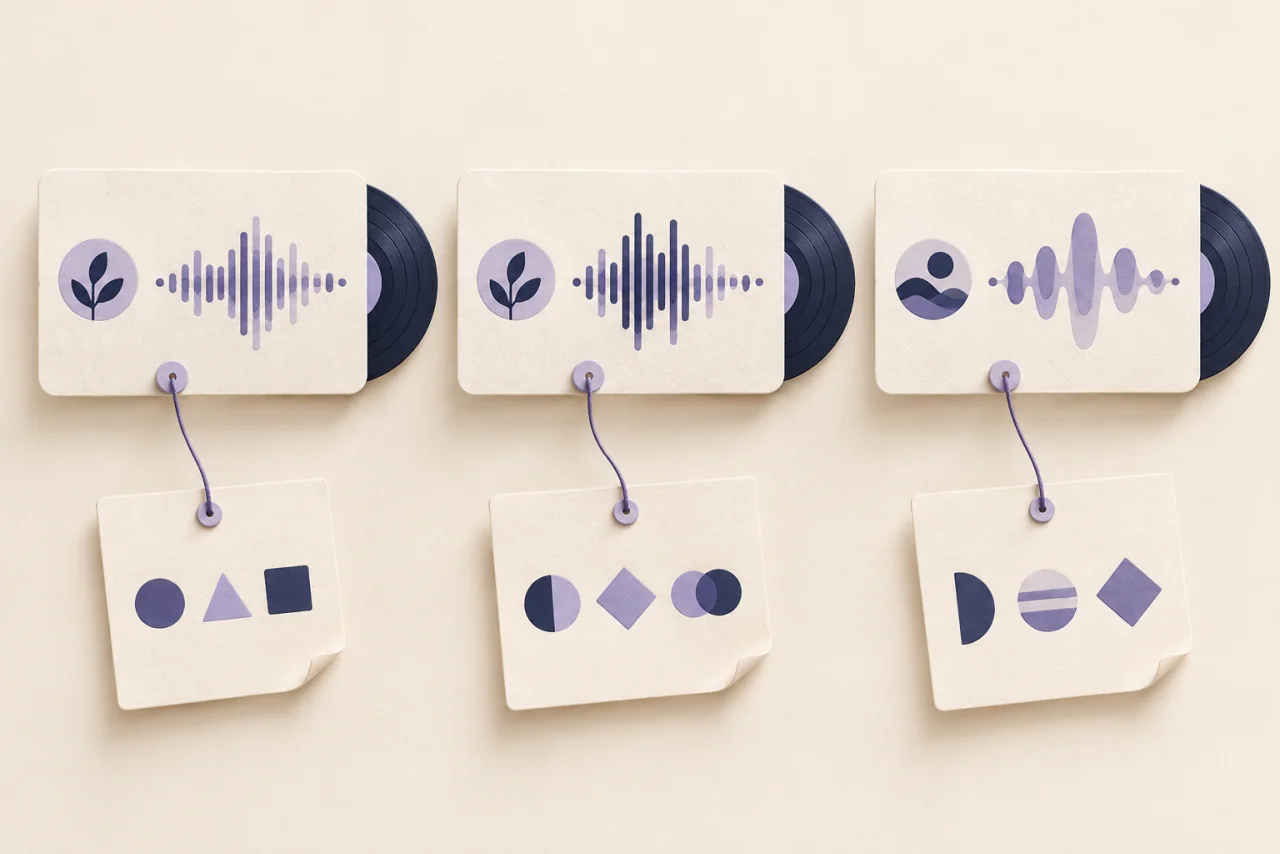 Three illustrated record sleeves each connect to a different notice card. The first two sleeves share the same leaf emblem, while their notice cards differ.