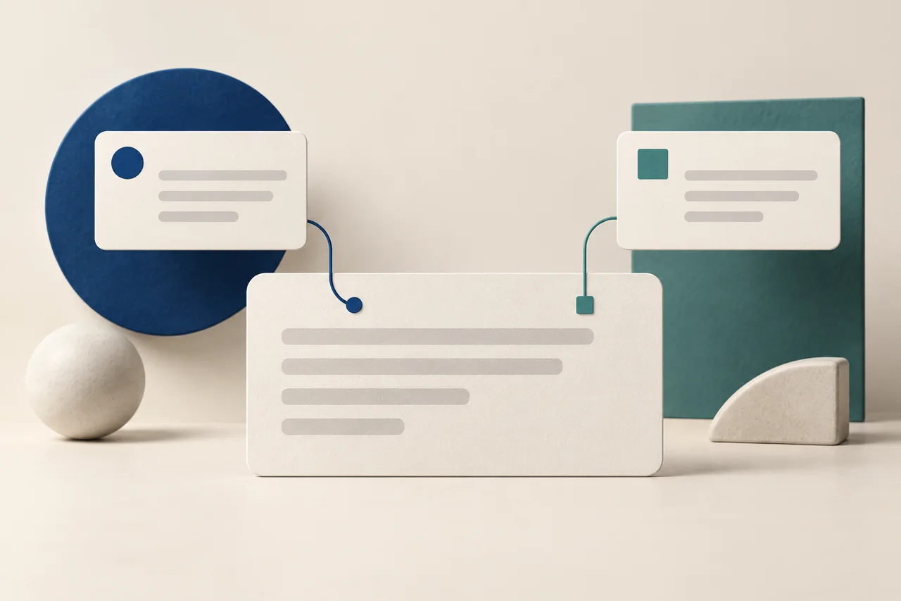 Two separate reviewer-note cards connect to one larger discussion-text card, with a circle & a square preserving each note’s origin.