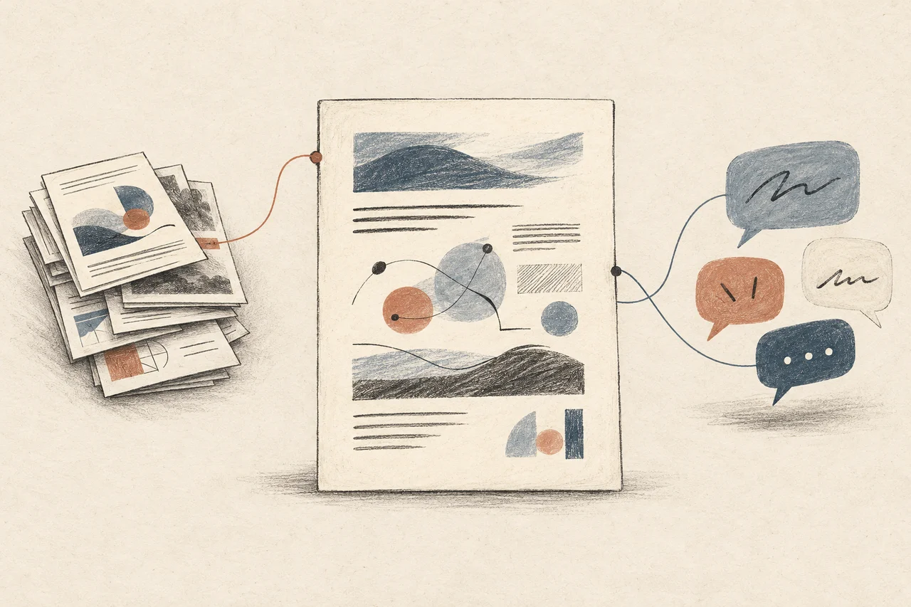 An illustrated explainer page connects to a stack of reference papers on one side and a separate cluster of discussion bubbles on the other.