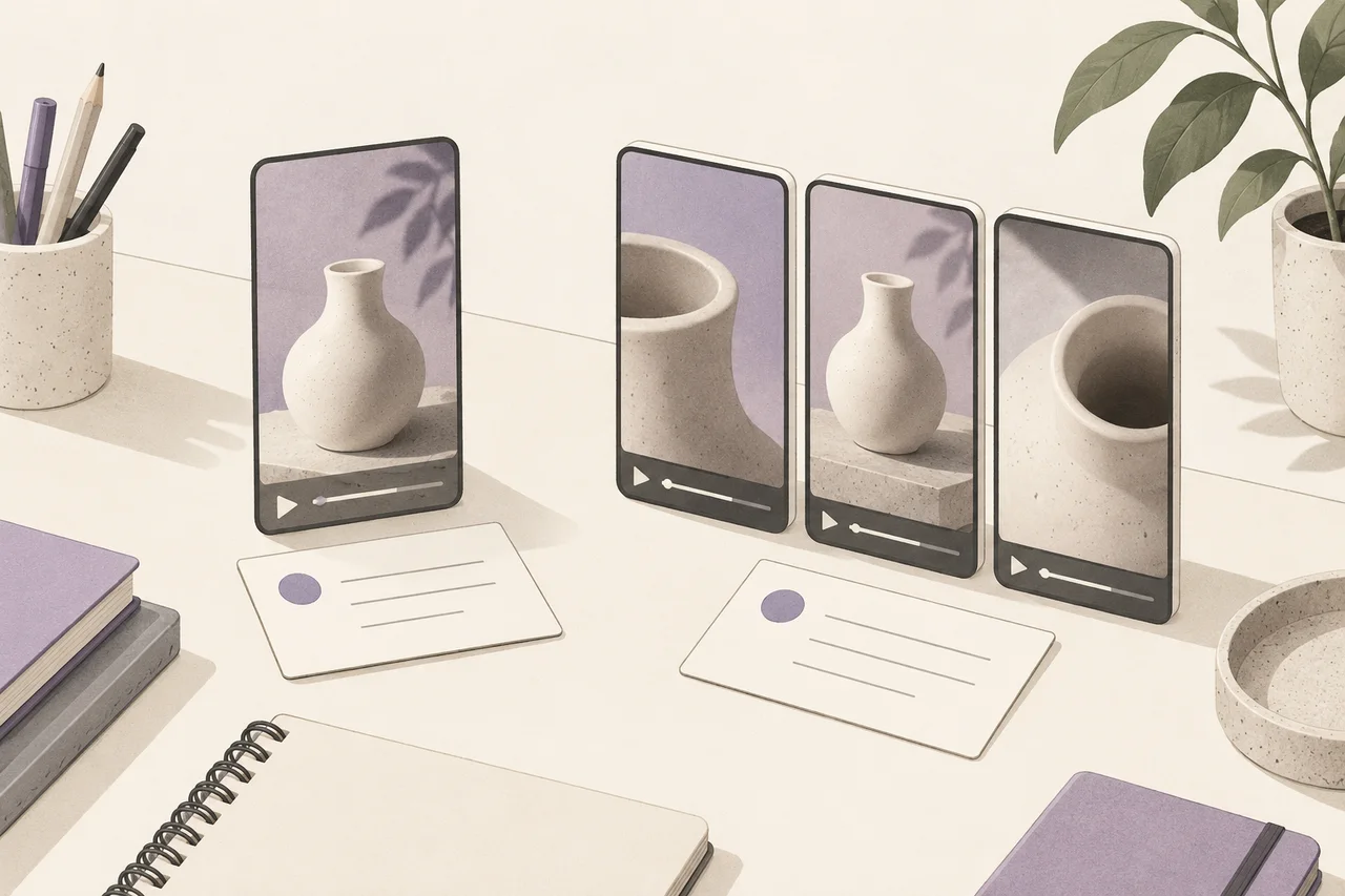 An abstract single video tile sits beside a set of three finished-file tiles, with visual differences between the files.