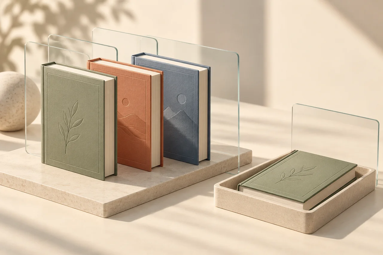Drie rechtopstaande boeken met blad-, zon- en bergmotieven staan tussen transparante panelen. Ernaast ligt een apart boek met een bladmotief op een dienblad.