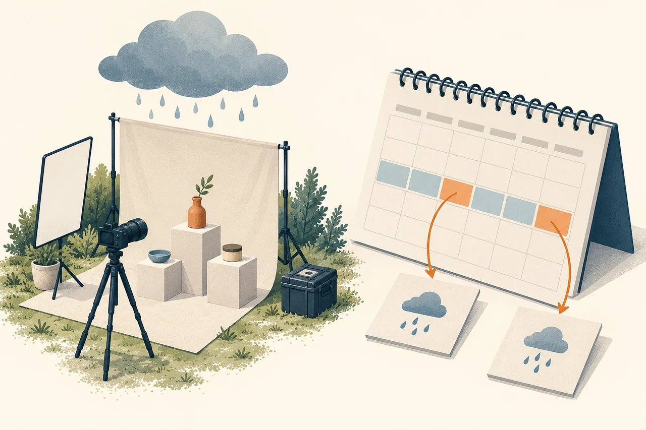 Conceptual illustration of an outdoor product shoot beside a calendar and two backup-date cards showing wet conditions.