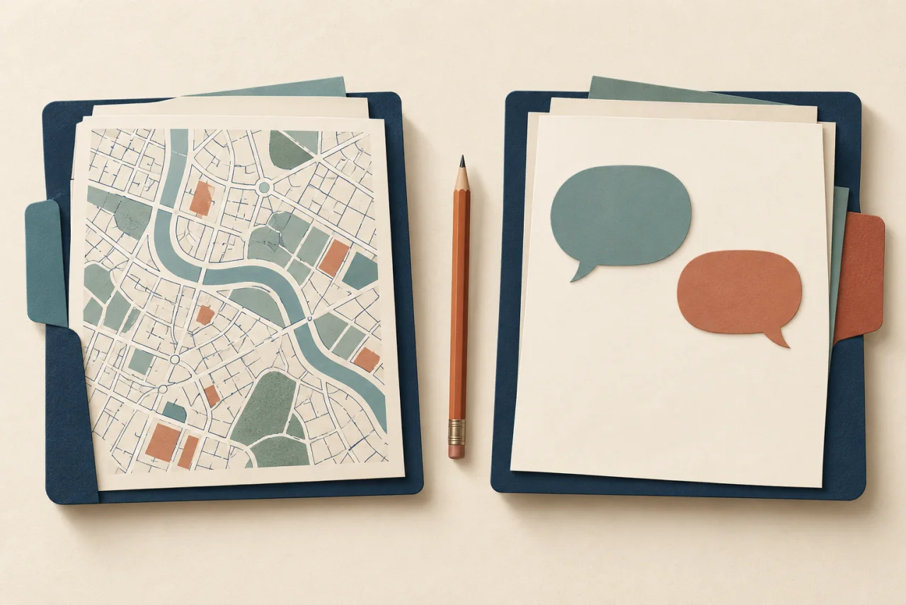 Una carpeta azul marino a la izquierda contiene un plano de calles ilustrado. Otra carpeta azul marino a la derecha sostiene una hoja crema con bocadillos vacíos de color verde azulado y óxido. Entre ambas hay un lápiz sobre una superficie marfil cálida.