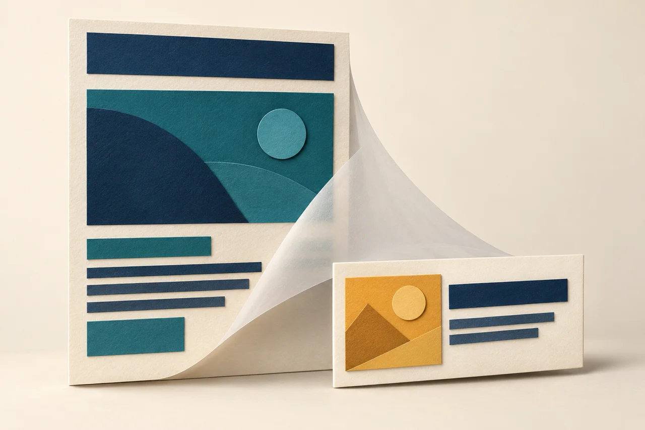 Une grande page de papier crème porte des formes bleu marine et bleu-vert. Une couche translucide se soulève vers une petite carte avec une image ocre et des barres bleu marine pour le titre et la description.