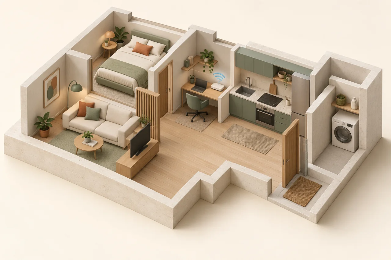 Illustration en coupe d’un appartement comprenant une chambre, un bureau et un routeur, une cuisine, ainsi qu’un lave-linge dans un renfoncement technique séparé de l’espace de vie.