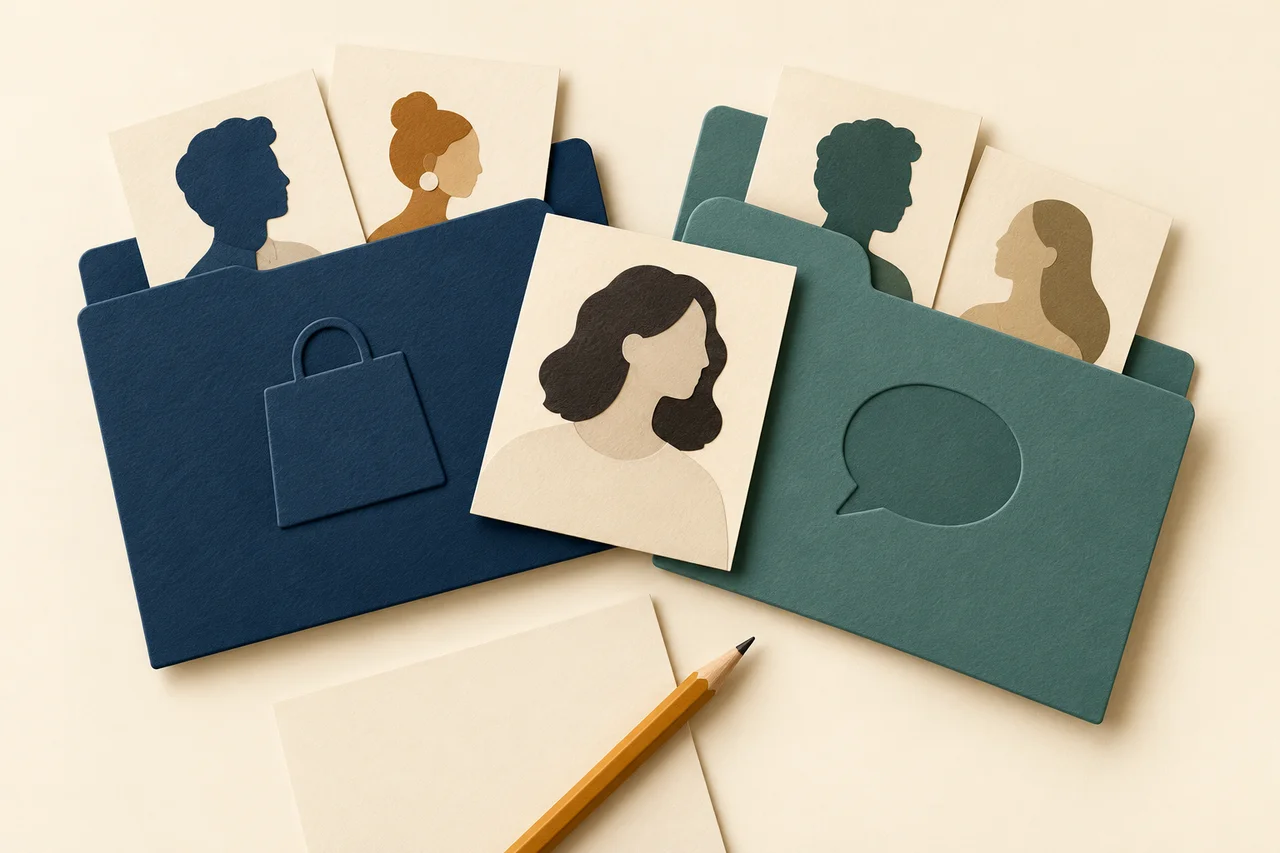 Anonymous portrait cards sit in a navy folder marked with a shopping bag and a teal folder marked with a speech bubble. One portrait card spans the two folders.