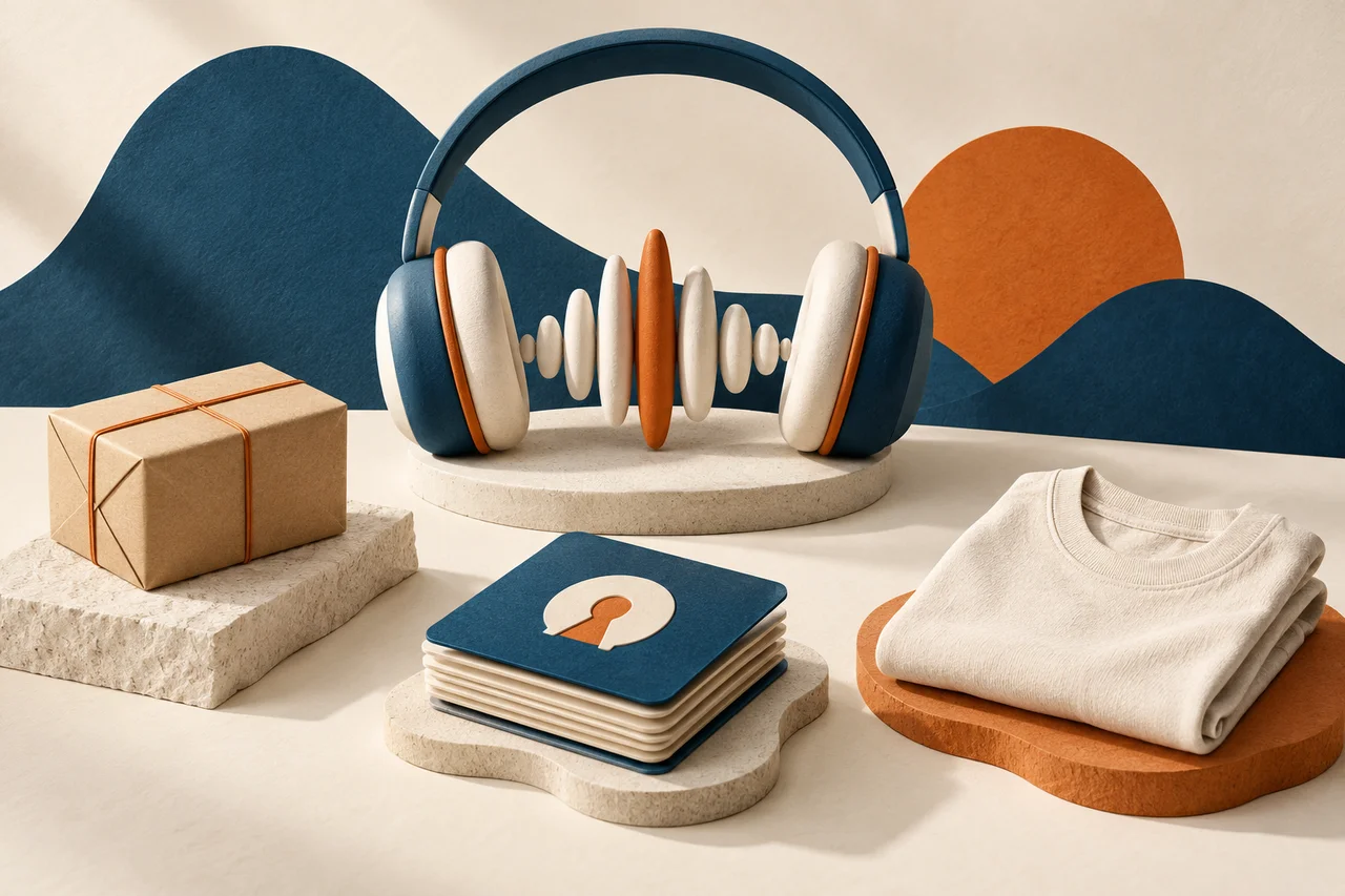 A conceptual arrangement of headphones, a product parcel, locked audio-episode cards and a T-shirt.