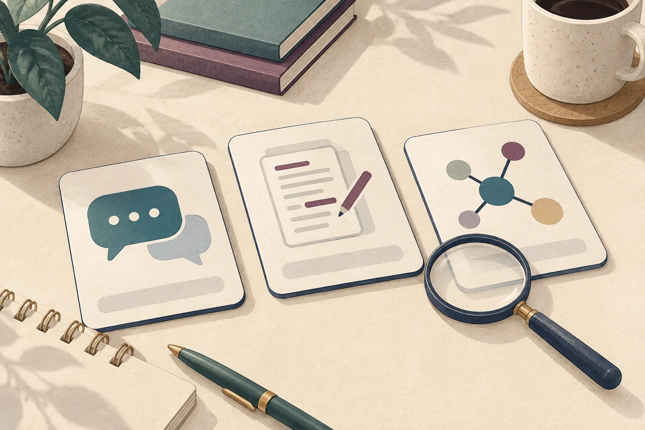Conceptual illustration of three cards representing chat, editing and connected tools beside a magnifying glass on a desk.