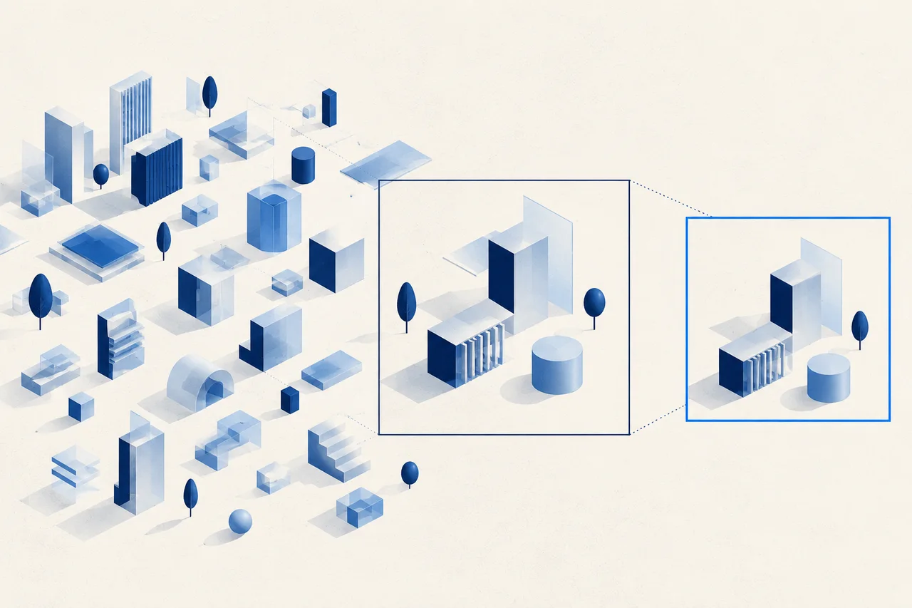 An imaginary field of blue business buildings leads to a large navy rectangular frame & a smaller blue frame showing fewer of the buildings. Dotted lines connect the frames; no values or country names appear.