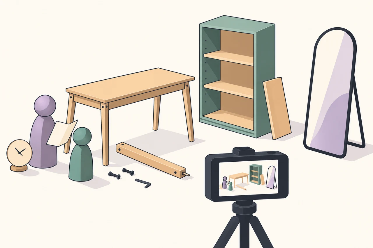 Illustrated desk, bookcase and freestanding mirror with loose parts, two abstract figures, an unnumbered clock and a camera.