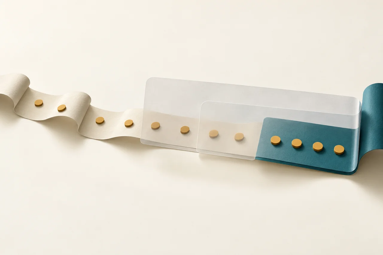 Ein ausgerolltes cremefarbenes Papierband mit ockerfarbenen Plättchen endet in einem blaugrünen Abschnitt. Zwei durchscheinende Hüllen bedecken unterschiedlich lange Stücke desselben Bands und enden rechts an derselben Stelle.