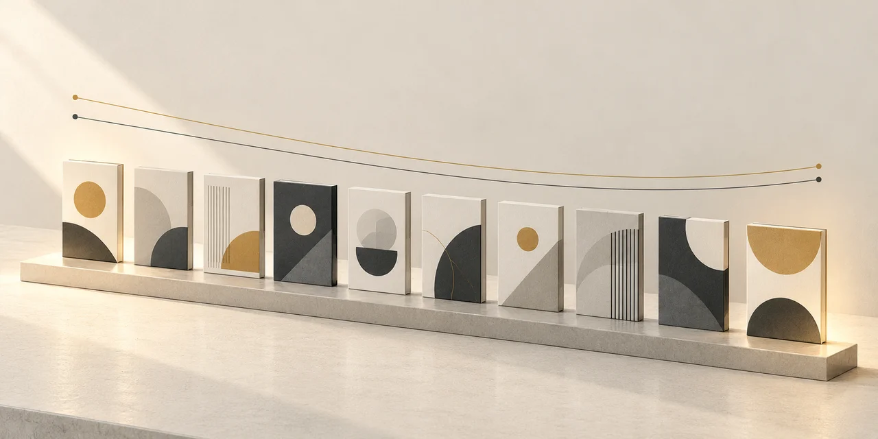 Ten abstract book cards sit in an ordered row on a pale surface, with two decorative guides suggesting different ways to account for position.