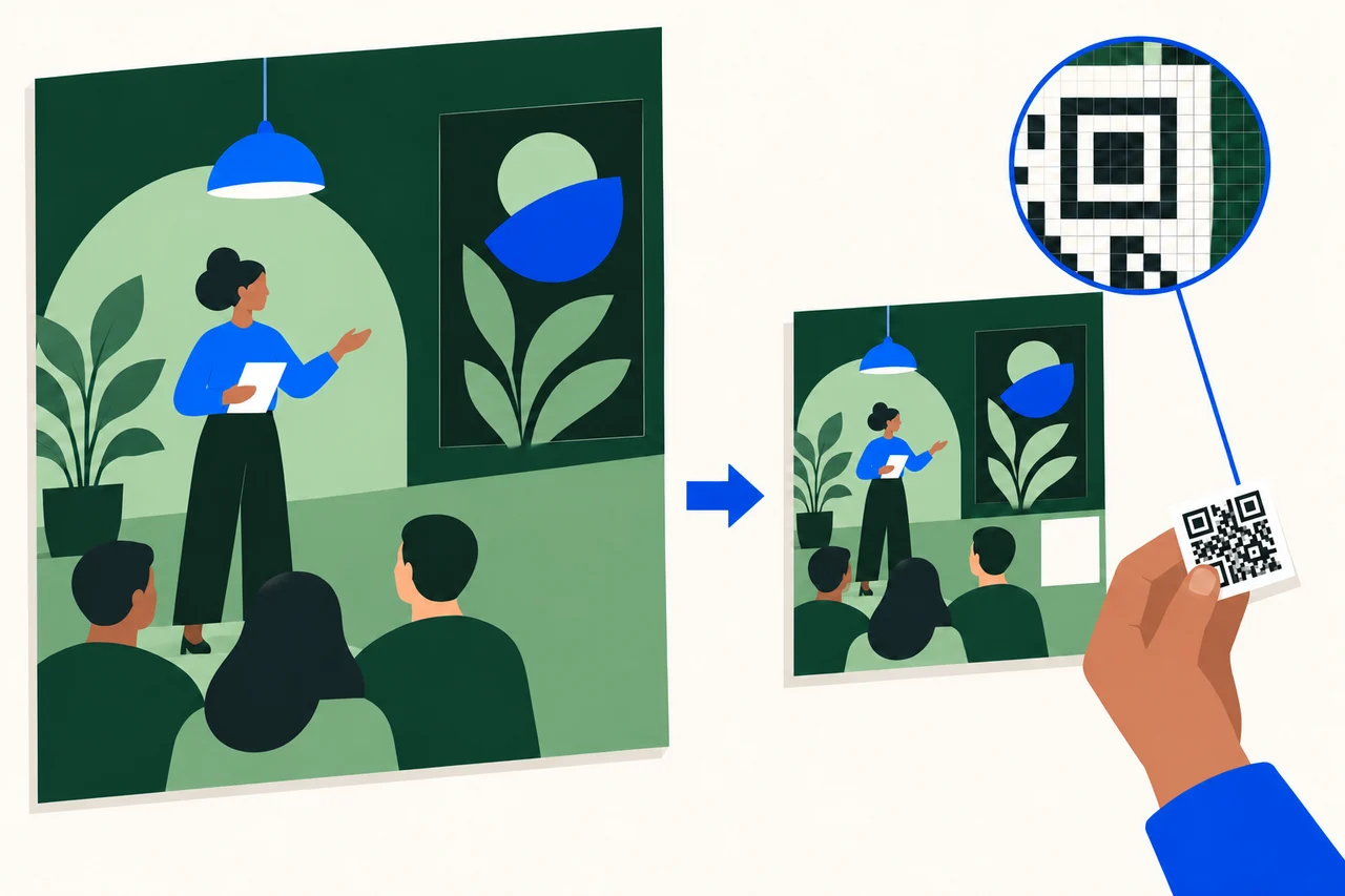 Ilustrasi bengkel besar di sebelah versi lebih kecil, dengan tangan memegang jubin QR berasingan dan paparan grid perseginya yang diperbesar.