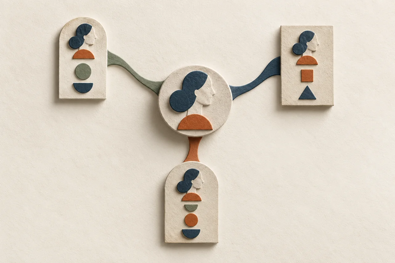 A central sculpted profile connects to three plaques showing the same profile with different arrangements of geometric marks.