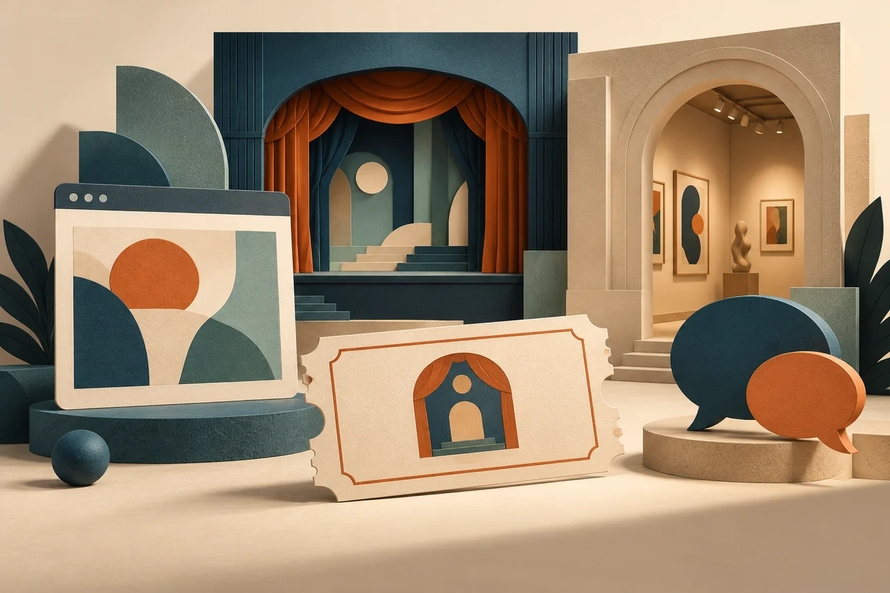 Paper illustration of a theater and gallery with an event ticket, an abstract browser card and conversation bubbles.