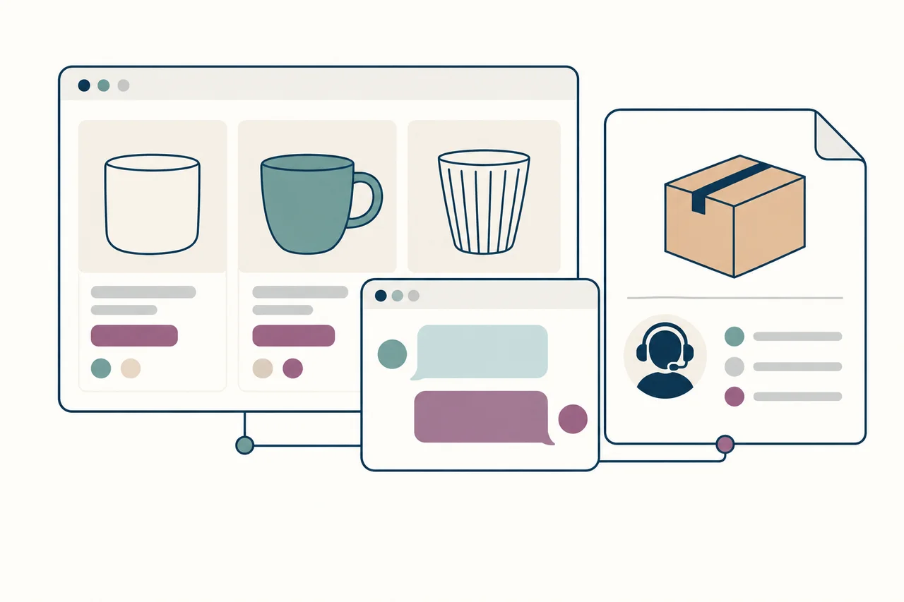 A conceptual website shows a catalog of cups linked to a chat window and a parcel-and-customer-help panel.