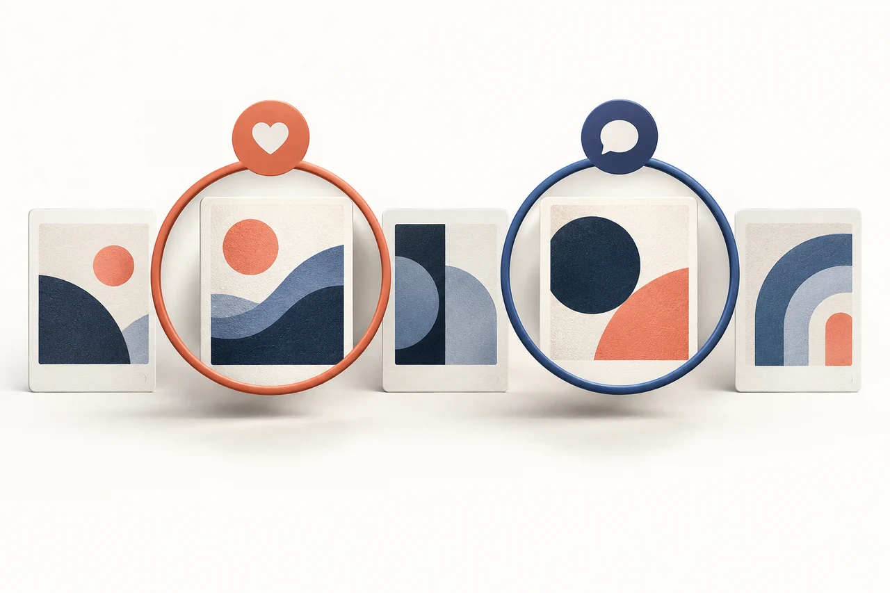 Une loupe corail avec un cœur et une loupe bleue avec un symbole de commentaire mettent en évidence des cartes de publications différentes sur une même rangée.