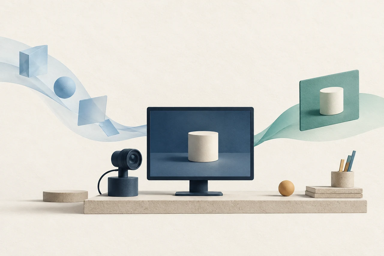 Conceptual illustration of a monitor and camera workspace, with a pale blue incoming geometric path and a teal outgoing presentation tile.