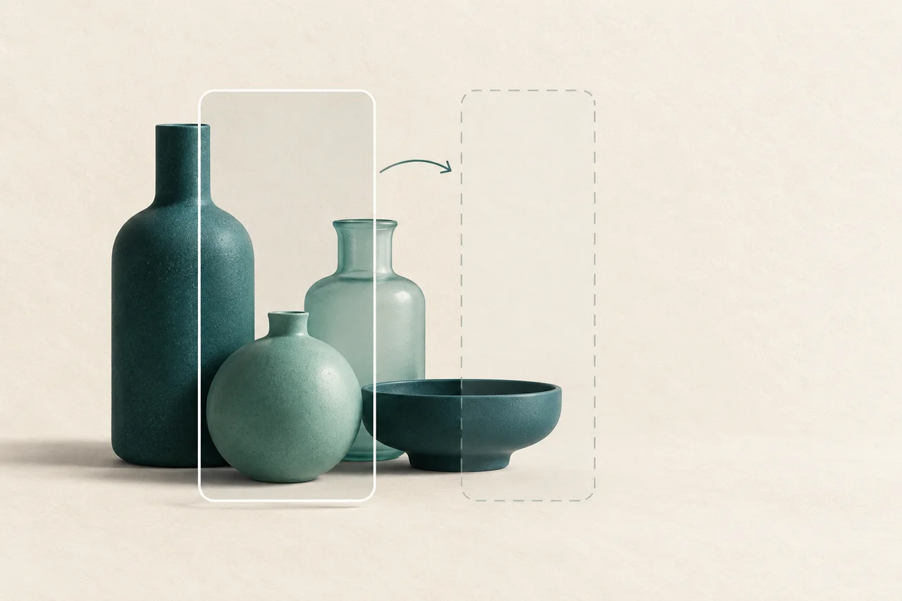 Conceptual illustration of 4 teal vessel forms with alternative portrait frames. Neither frame contains every form.