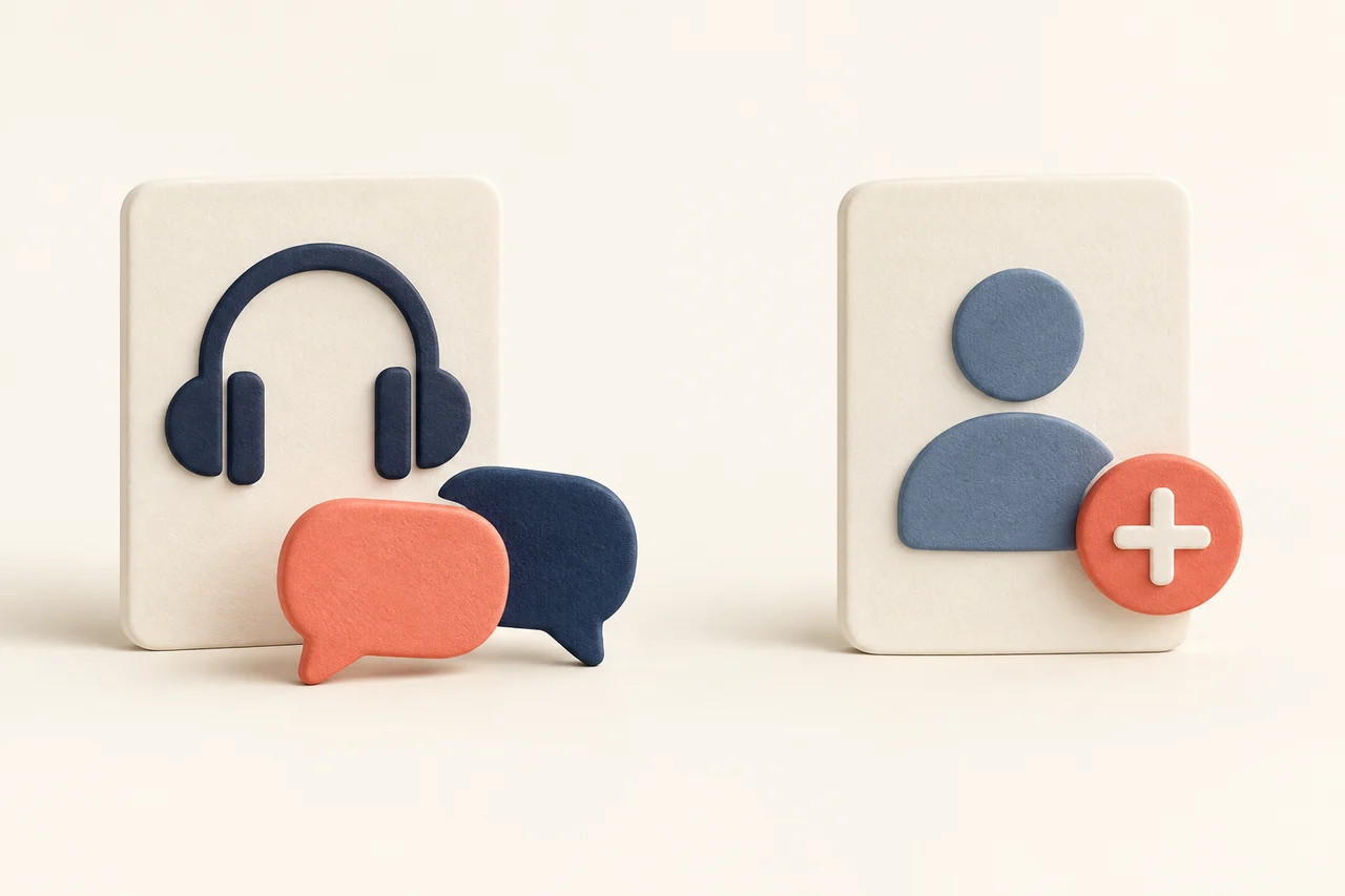 Conceptual illustration of podcast audio, a recommendation conversation and a separate social profile.
