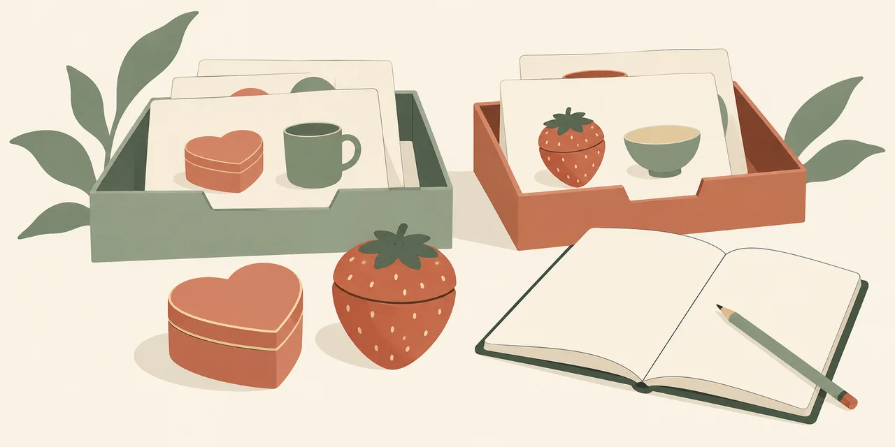 Conceptual generated illustration of two archive trays holding giftware-pair cards, with generic heart and strawberry boxes, a blank notebook and a pencil in front.