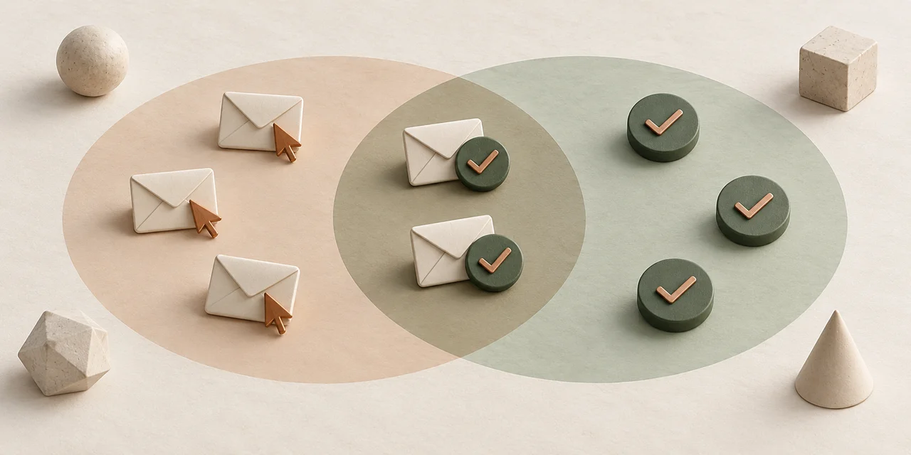 Envelope-and-pointer objects and checked outcome tokens occupy two overlapping colored fields. Pairs sit in the overlap, with neutral shapes outside both fields.