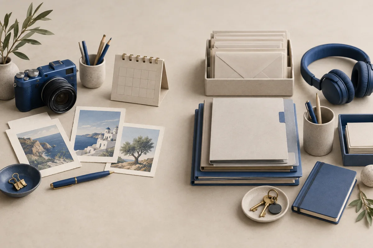A camera, photo prints and calendar beside envelopes, folders, headphones and keys.