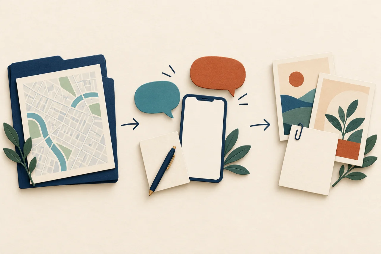 3 grupos conectados por flechas: una carpeta azul marino con un plano imaginario; un teléfono sin texto, bocadillos vacíos, una tarjeta y un bolígrafo; después, un brief en blanco sujeto con un clip junto a tarjetas ilustradas de un paisaje y una planta.