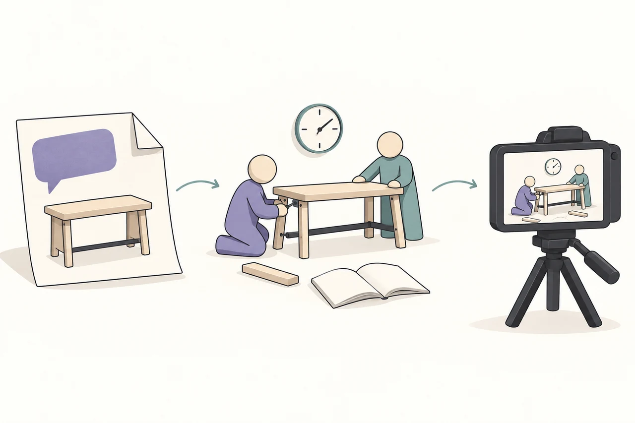 Three illustrated stages run left to right: a review note, two people checking desk assembly, and a camera filming the work.