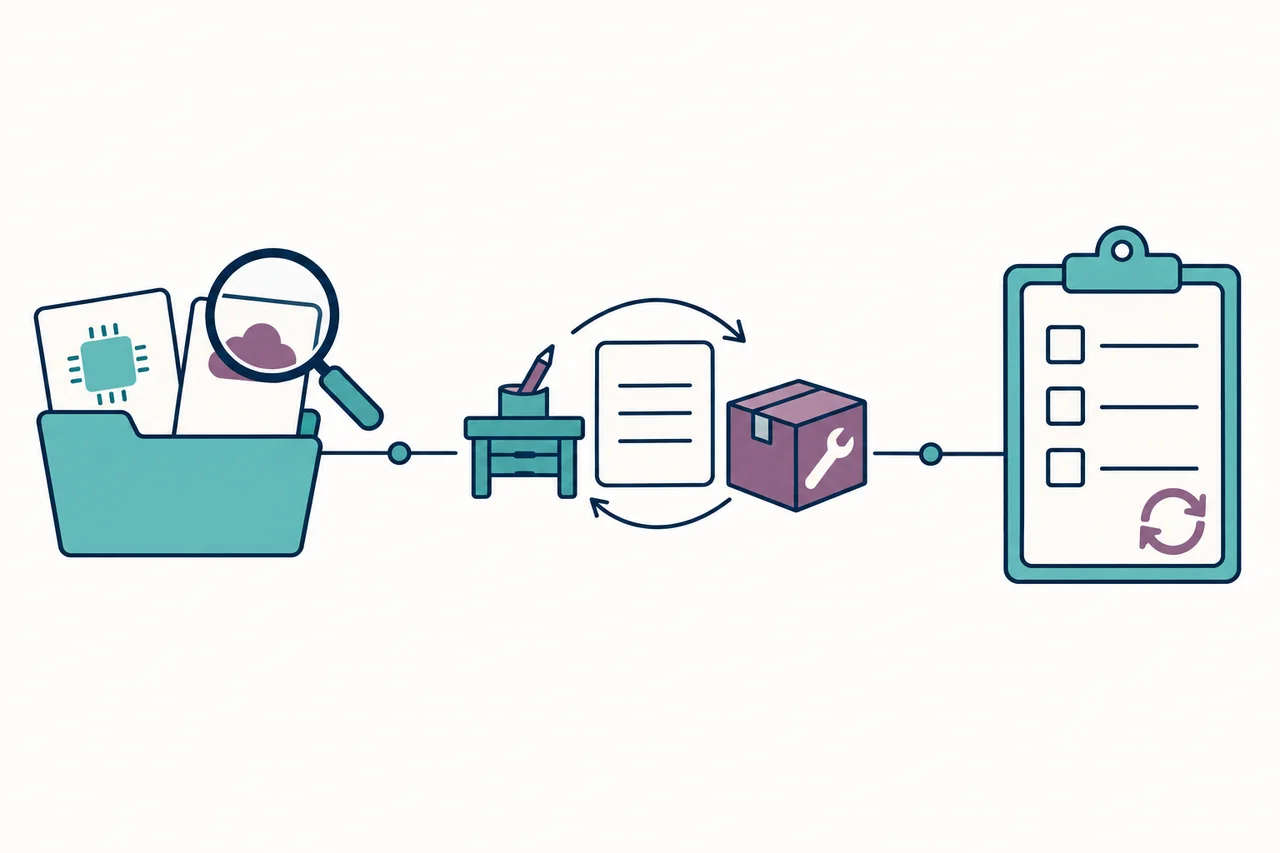 A folder of system cards sits under a magnifying glass, followed by an employee workbench and supplier parcel around a document, then a checklist with a repeat-review symbol.