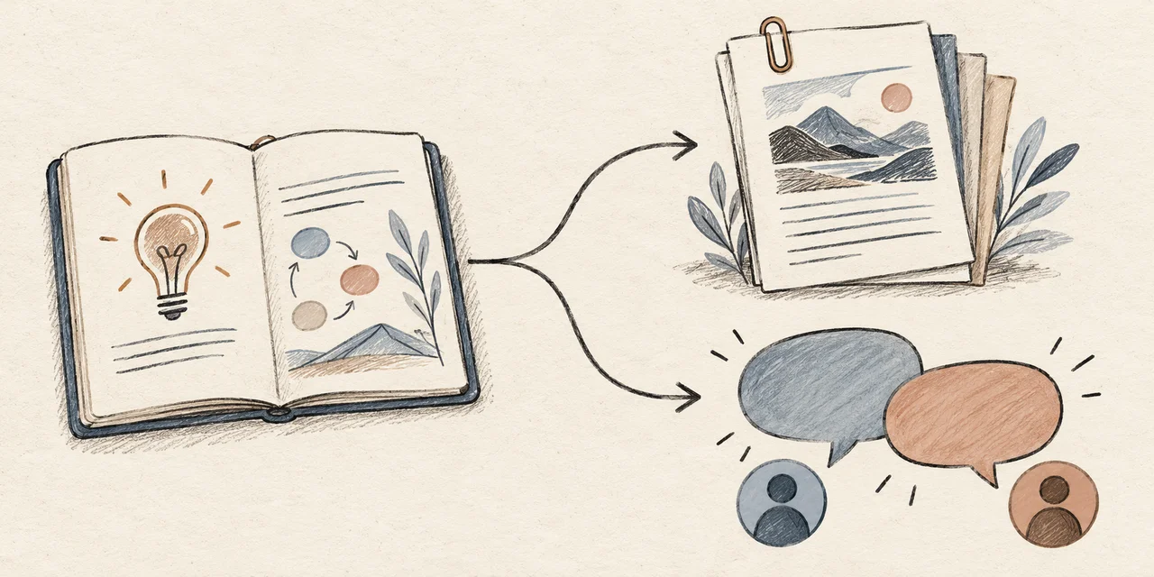 An open explainer notebook branches toward reference papers above and a separate conversation below.