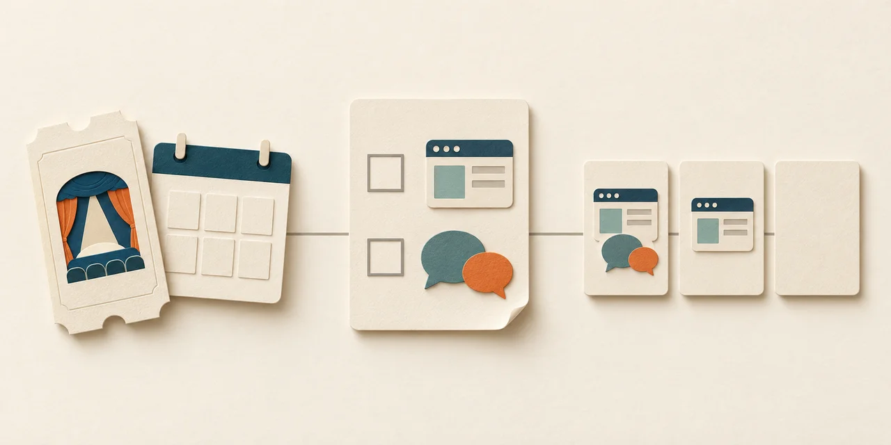 A ticket and calendar establish one event, a sheet asks about online and peer sources, and response cards include a blank answer.