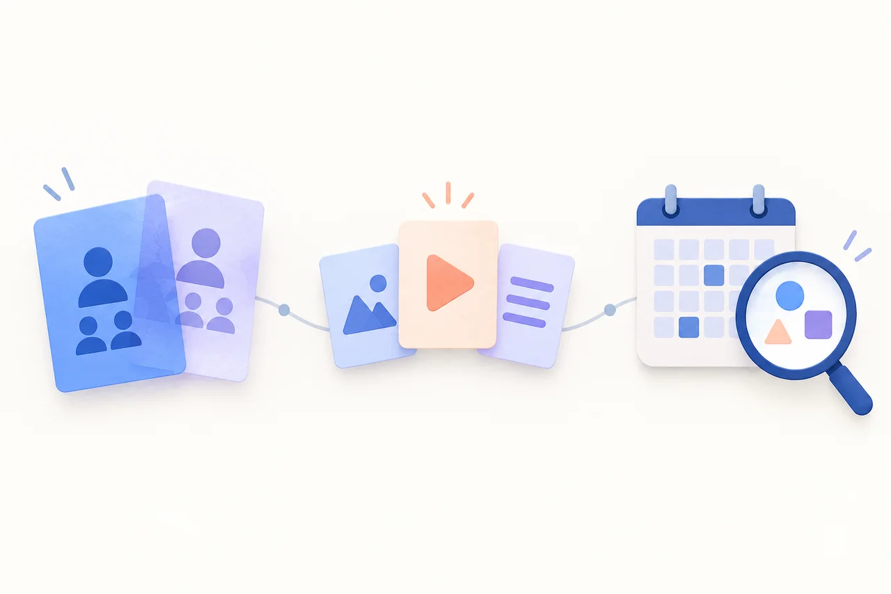 A three-stage illustration connects an audience comparison, a choice of content formats and a review of a small publishing test.
