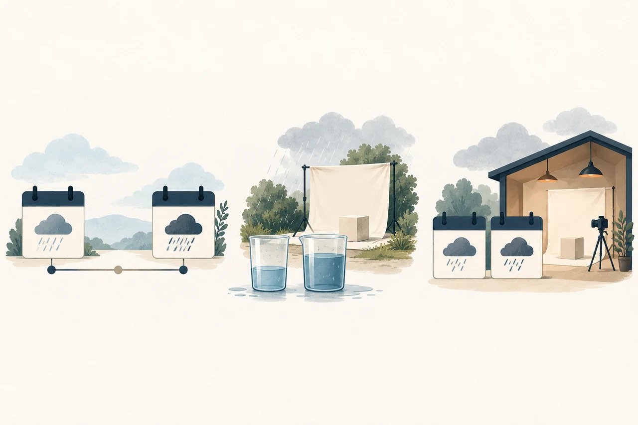 Conceptual illustration in three groups: alternative calendar intervals, different precipitation tolerances, and two wet backup-date cards beside an indoor studio option.