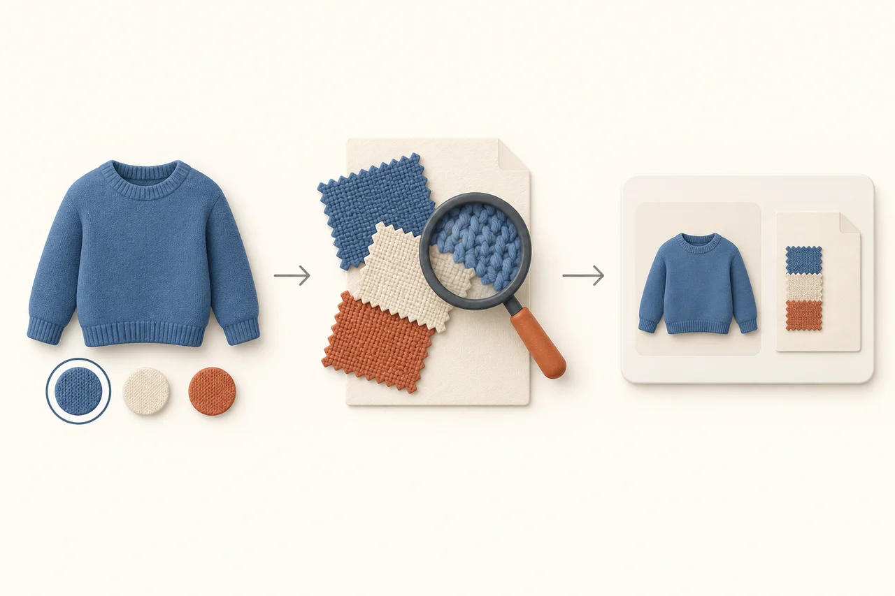 Tiga adegan konsep menunjukkan baju panas biru yang dipilih, dokumen dengan cebisan kain di bawah kanta pembesar, dan kad kandungan yang dipadankan dengan sumbernya.