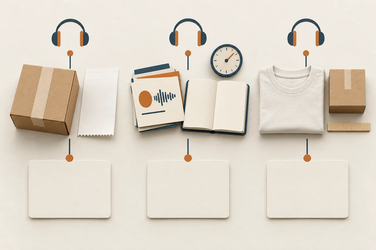 Three conceptual work areas show a parcel and receipt, audio episodes with a notebook and clock, and a T-shirt with a shipping box and ruler. Each has its own note card.