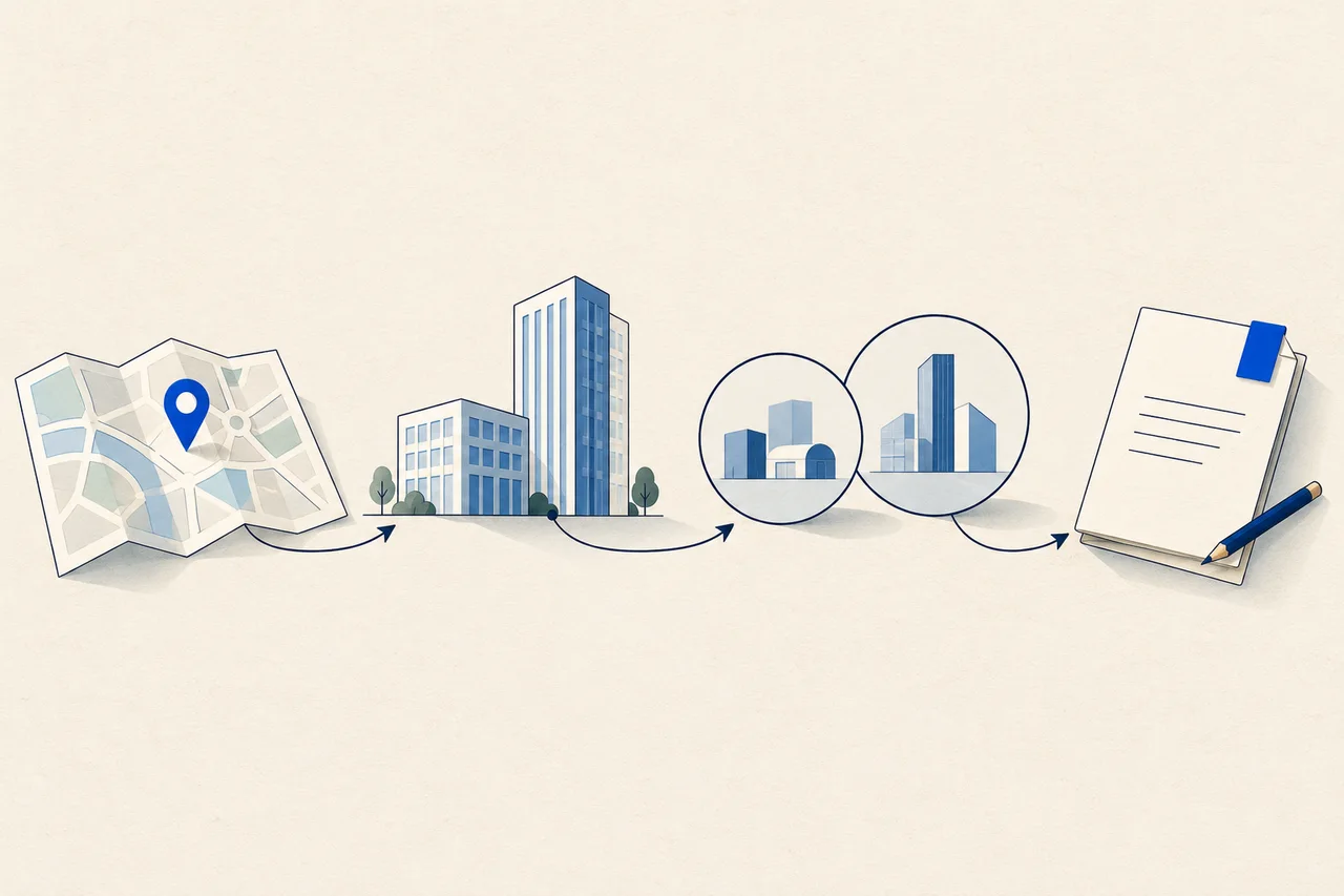 A folded imaginary map with a blue pin connects to small & tall business buildings, then to 2 circular viewing frames & a folded brief with a pencil. Curved arrows connect the 4 stages.