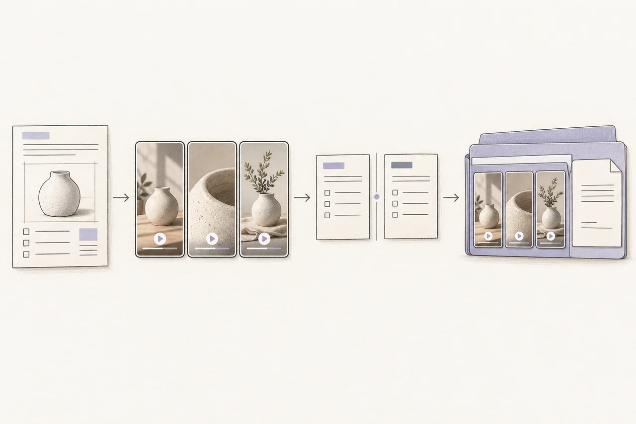Four linked stages show a brief sheet, 3 vertical video cards, 2 quote sheets & an organized media folder holding the cards beside an agreement sheet.