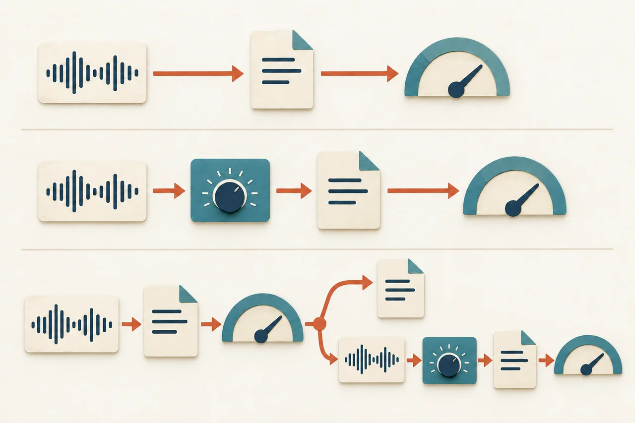 Three lanes show a cut going straight to export & measurement, through normalization before export, or through export & measurement with a choice to keep the file or return to the original audio cut for normalization, replacement export & measurement.