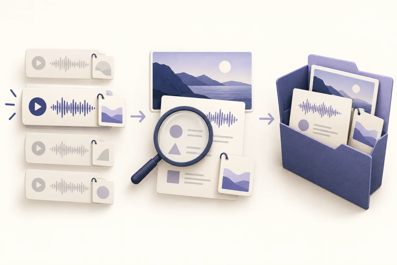 Three illustrated steps show selecting an audio track, examining its notice beside a video image, and keeping the track, notice and video together in a project folder.