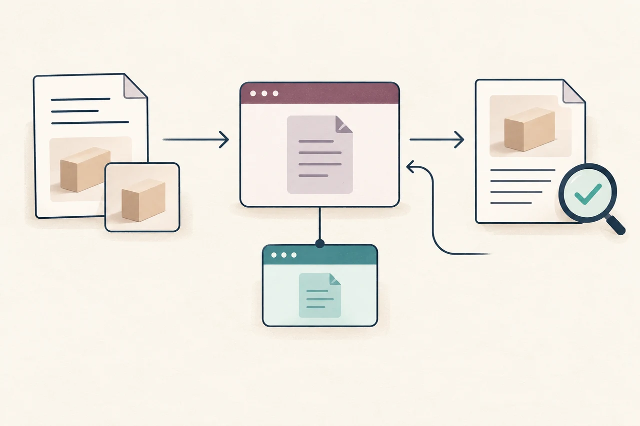 Conceptual diagram showing an approved brief and product image moving into a drafting application, a companion application below it, and a publication draft with a review lens and return arrow for revisions.